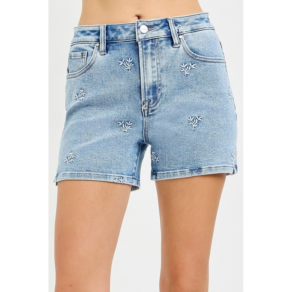 RISEN High Rise Denim Shorts with Embroidered Detail - Small